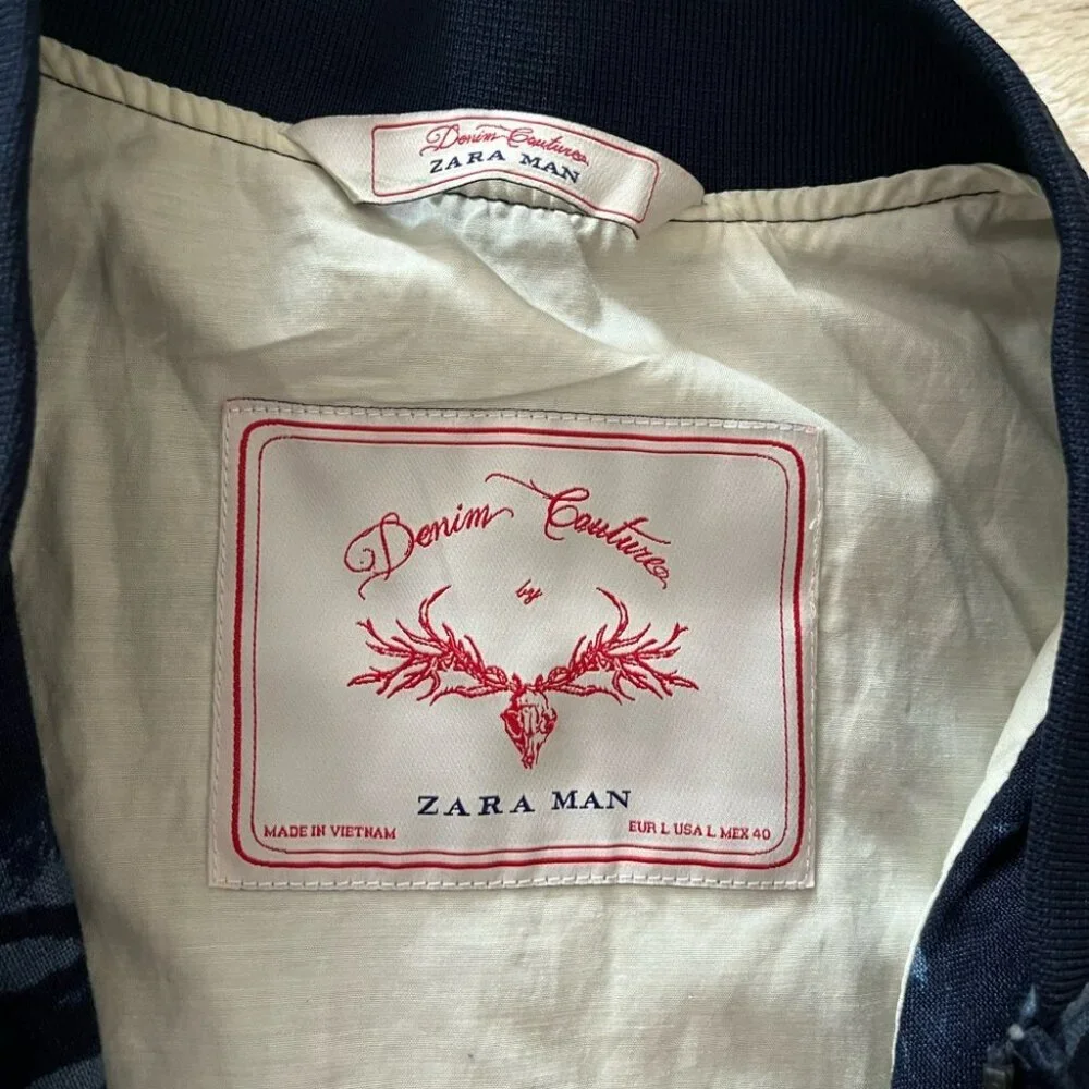 [Tag:L/Ptp:21”]Zara Denim Couture Navy Floral linen Bomber Jacket Lined - Picture 4 of 11